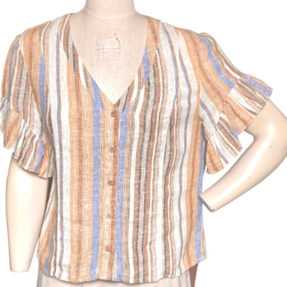 DREW "Beverly" Linen-Rayon Blend Striped Button-Up Ruffle Sleeve Top Sz M #231E - Picture 3 of 10